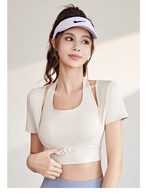 Nowy szybki suszący się brzoskwiniowy halter top joga krótki rękaw krótki rękaw z poduszką na klatce piersiowej napięta koszulka fitness sport krótki rękaw