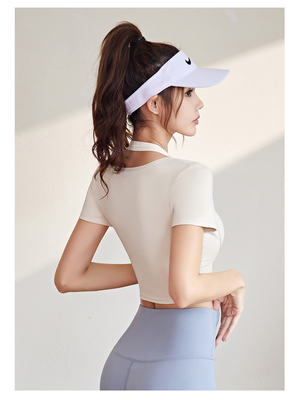 Nowy szybki suszący się brzoskwiniowy halter top joga krótki rękaw krótki rękaw z poduszką na klatce piersiowej napięta koszulka fitness sport krótki rękaw