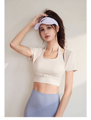 Nowy szybki suszący się brzoskwiniowy halter top joga krótki rękaw krótki rękaw z poduszką na klatce piersiowej napięta koszulka fitness sport krótki rękaw