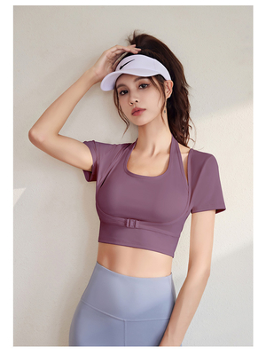 Nowy szybki suszący się brzoskwiniowy halter top joga krótki rękaw krótki rękaw z poduszką na klatce piersiowej napięta koszulka fitness sport krótki rękaw