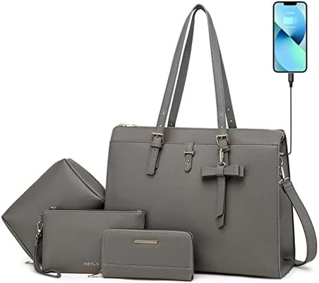 KEYLI 4PC Zestawy laptop torba dla kobiet duże skórzane laptop briefcase z USB port ładowania komputery ramię torby PU