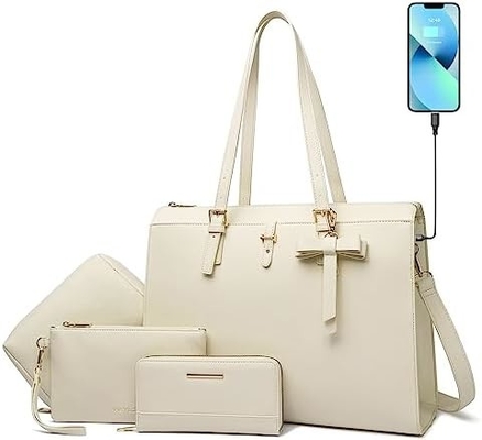 KEYLI 4PC Zestawy laptop torba dla kobiet duże skórzane laptop briefcase z USB port ładowania komputery ramię torby PU