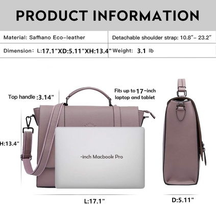 EASEGAVE DAMASKY 17 INCH LAPTOP BRIEFCASE, VINTAGE PURPLE SAFFIANO ECO-LEATHER, MULTI-COMPARTMENT, 3 lb pojemność wagi