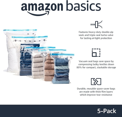Amazon Basics Puszkowe kompresyjne torby z zamkiem z pompą ręczną, średnie, 5-pack, białe, niebieskie