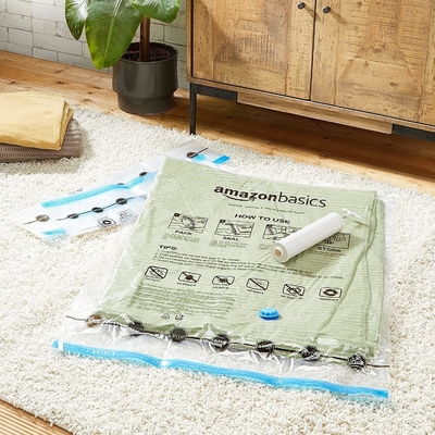 Amazon Basics Puszkowe kompresyjne torby z zamkiem z pompą ręczną, średnie, 5-pack, białe, niebieskie