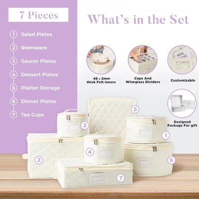 CHINA STORAGE CONTAINERS QUILTED. 7PC DISHES STORAGE KIT Z 48 CUT-TO-SIZE FELT INNERS. FINE CHINA STORAGE, Płytka
