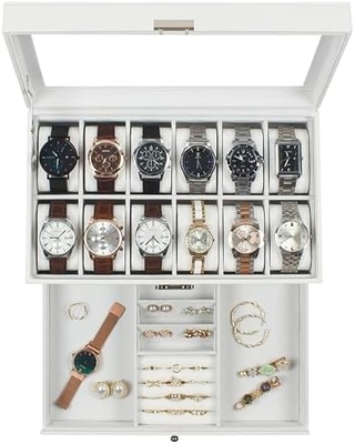 GUKA Watch Box 12 Slot Watch Display Organizer Skóra Biżuteria Pudełko Skarpetka Szkło Urodziny dla Mężczyzn Kobiety, Dziecko Mąż