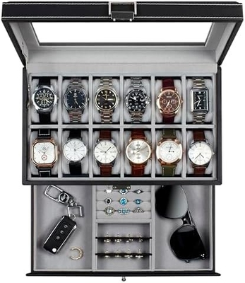 GUKA Watch Box 12 Slot Watch Display Organizer Skóra Biżuteria Pudełko Skarpetka Szkło Urodziny dla Mężczyzn Kobiety, Dziecko Mąż