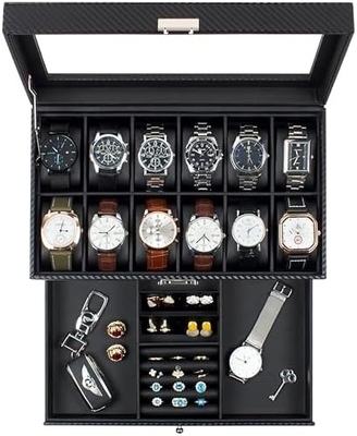 GUKA Watch Box 12 Slot Watch Display Organizer Skóra Biżuteria Pudełko Skarpetka Szkło Urodziny dla Mężczyzn Kobiety, Dziecko Mąż