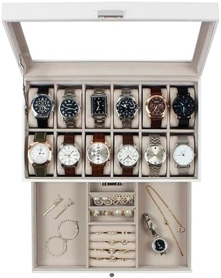 GUKA Watch Box 12 Slot Watch Display Organizer Skóra Biżuteria Pudełko Skarpetka Szkło Urodziny dla Mężczyzn Kobiety, Dziecko Mąż