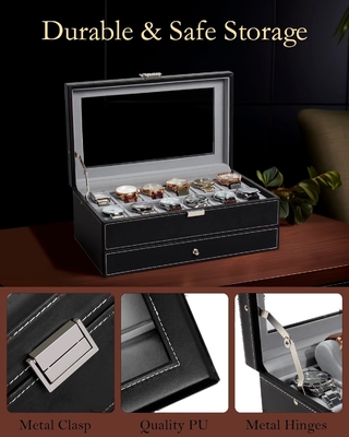 GUKA Watch Box 12 Slot Watch Display Organizer Skóra Biżuteria Pudełko Skarpetka Szkło Urodziny dla Mężczyzn Kobiety, Dziecko Mąż