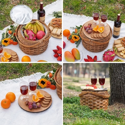 Małe koszyki piknikowe z izolowanym chłodnikiem, koszyki piknikowe na 2 osoby, koszyki z drewnianymi kawałkami, w tym 2 zestawy