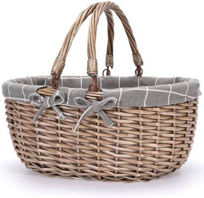 G GOOD GAIN Wicker Picnic Basket z podwójnymi złożonymi uchwytami, Willow Picnic Hamper, Natural Hand Woven Easter Basket,