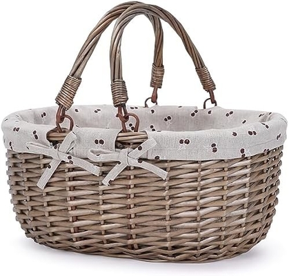 G GOOD GAIN Wicker Picnic Basket z podwójnymi złożonymi uchwytami, Willow Picnic Hamper, Natural Hand Woven Easter Basket,
