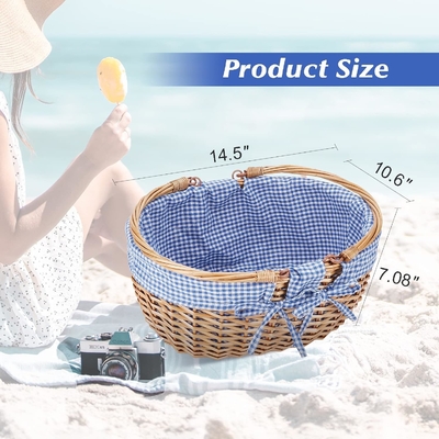 G GOOD GAIN Wicker Picnic Basket z podwójnymi złożonymi uchwytami, Willow Picnic Hamper, Natural Hand Woven Easter Basket,