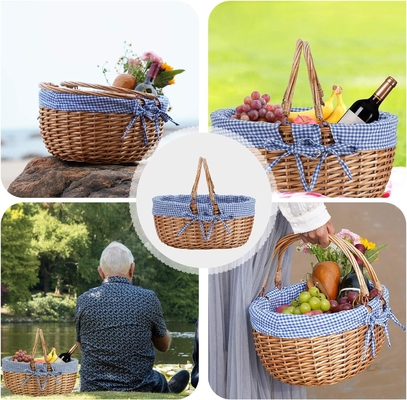 G GOOD GAIN Wicker Picnic Basket z podwójnymi złożonymi uchwytami, Willow Picnic Hamper, Natural Hand Woven Easter Basket,