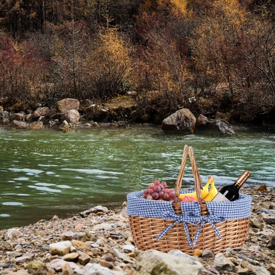 G GOOD GAIN Wicker Picnic Basket z podwójnymi złożonymi uchwytami, Willow Picnic Hamper, Natural Hand Woven Easter Basket,