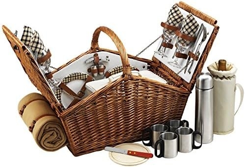 Piknik w Ascot Huntsman Angielski styl Willow Picnic Basket z obsługą dla 4 osób, zestaw kawy i koce.