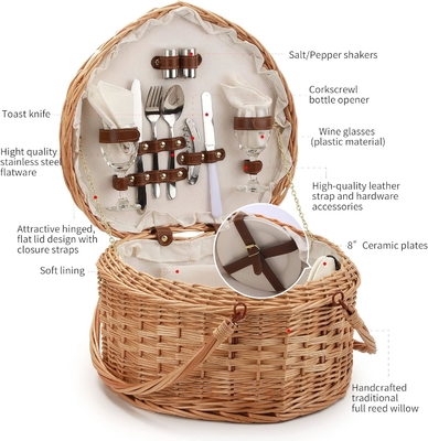 Koszyk piknikowy dla 2 osób Piknik w kształcie serca Pusty, tkaniny, Wicker, Willow, drewno, plecak z opakowaniem