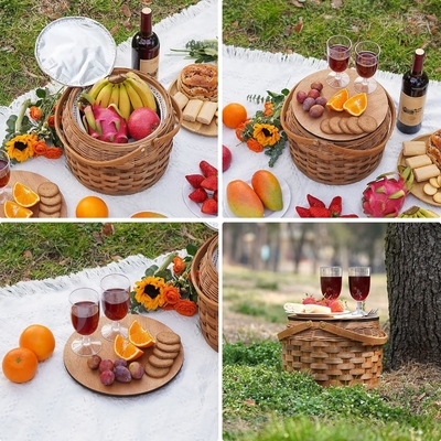 Małe koszyki piknikowe z izolowanym chłodnikiem, koszyki piknikowe na 2 osoby, koszyki drewniane,