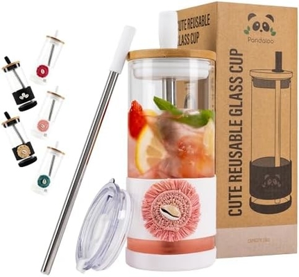 Szklane kubki z pokrywkami i słomkami -20 fl oz- idealnie duża kubka z lodową kawą - kubek ze smoothie z bambusem