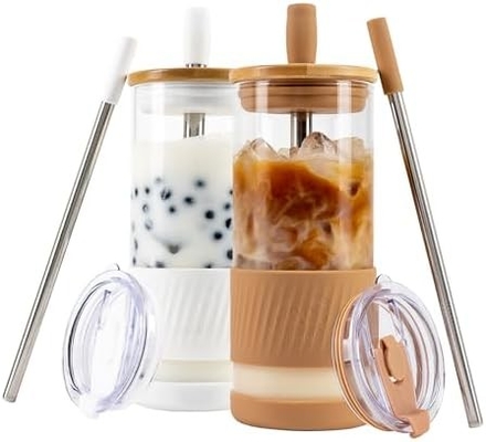 Szklane kubki z pokrywkami i słomkami -20 fl oz- idealnie duża kubka z lodową kawą - kubek ze smoothie z bambusem