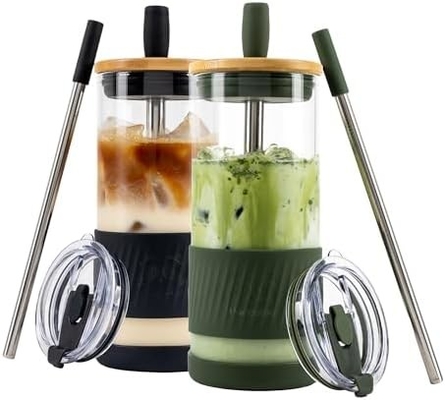 Szklane kubki z pokrywkami i słomkami -20 fl oz- idealnie duża kubka z lodową kawą - kubek ze smoothie z bambusem