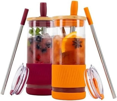 Szklane kubki z pokrywkami i słomkami -20 fl oz- idealnie duża kubka z lodową kawą - kubek ze smoothie z bambusem