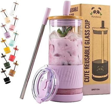 Szklane kubki z pokrywkami i słomkami -20 fl oz- idealnie duża kubka z lodową kawą - kubek ze smoothie z bambusem