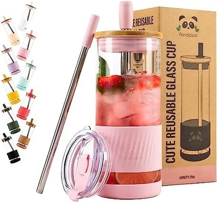 Szklane kubki z pokrywkami i słomkami -20 fl oz- idealnie duża kubka z lodową kawą - kubek ze smoothie z bambusem