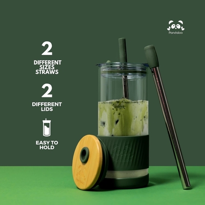 Szklane kubki z pokrywkami i słomkami -20 fl oz- idealnie duża kubka z lodową kawą - kubek ze smoothie z bambusem