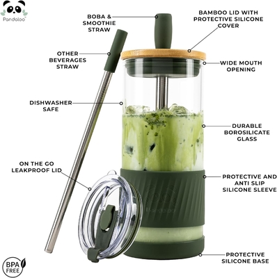 Szklane kubki z pokrywkami i słomkami -20 fl oz- idealnie duża kubka z lodową kawą - kubek ze smoothie z bambusem