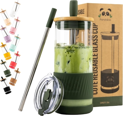 Szklane kubki z pokrywkami i słomkami -20 fl oz- idealnie duża kubka z lodową kawą - kubek ze smoothie z bambusem