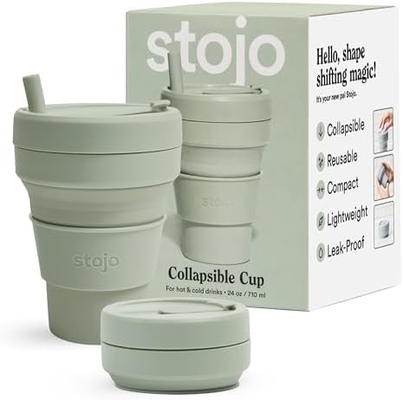 Składany kubek podróżny - Sage Green, 12 oz / 355 ml - Bezciekła wielokrotnie używalna butelka silikonowa kieszonkowa