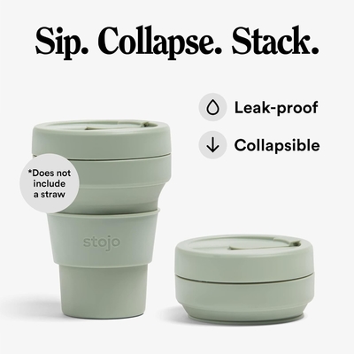 Składany kubek podróżny - Sage Green, 12 oz / 355 ml - Bezciekła wielokrotnie używalna butelka silikonowa kieszonkowa
