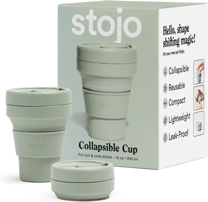Składany kubek podróżny - Sage Green, 12 oz / 355 ml - Bezciekła wielokrotnie używalna butelka silikonowa kieszonkowa