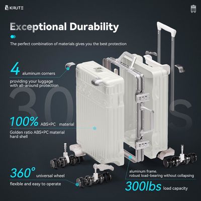 Bagaż bez zamka z 4 kółkami 20-calowa walizka z PC + ABS TSA Lock 4 Metalowy róg Biały