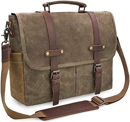 15.6 cali wodoodporny Vintage prawdziwa skóra woskowana płótno portfel duży skórzany komputer laptop torba wytrzymały torebki