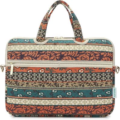 Torba na laptopa przeznaczona dla laptopów o przekątnej od 12,5 do 14 cali, wykonana z wyściełanej wewnętrznej tkaniny płóciennej z nadrukiem i oferująca wiele opcji przenoszenia