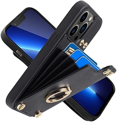 Posiadacze kart z iPhone'em 13 Pro Max, 360° obrotowy uchwyt obrotowy, skórzany uchwyt do kart, RFID osłona odporna na wstrząsy,