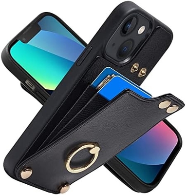 Posiadacze kart z iPhone'em 13 Pro Max, 360° obrotowy uchwyt obrotowy, skórzany uchwyt do kart, RFID osłona odporna na wstrząsy,