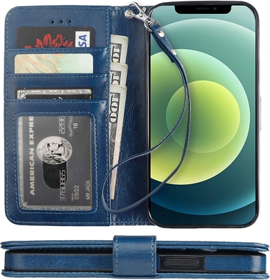 Kompatybilny z iPhone'em 12/Pro, portfel z uchwytem do kart PU, skórzany stojak, odporny na wstrząsy, pas do nadgarstka, 6,1-calowa musza