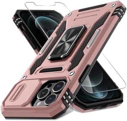 iPhone 12 Pro Max z okładką kamery slajdów + ochroną ekranu ((1 opakowanie), obrotowy pierścień Kickstand Wojskowy stojak szokujący