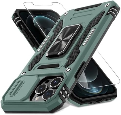 iPhone 12 Pro Max z okładką kamery slajdów + ochroną ekranu ((1 opakowanie), obrotowy pierścień Kickstand Wojskowy stojak szokujący