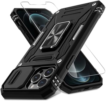 iPhone 12 Pro Max z okładką kamery slajdów + ochroną ekranu ((1 opakowanie), obrotowy pierścień Kickstand Wojskowy stojak szokujący