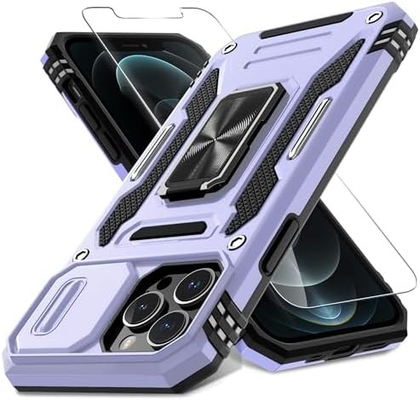 iPhone 12 Pro Max z okładką kamery slajdów + ochroną ekranu ((1 opakowanie), obrotowy pierścień Kickstand Wojskowy stojak szokujący