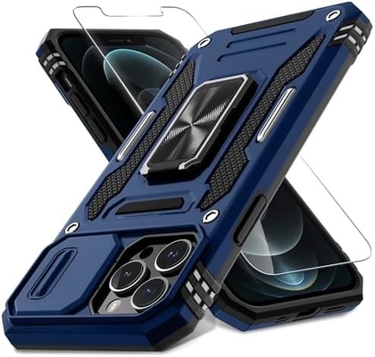 iPhone 12 Pro Max z okładką kamery slajdów + ochroną ekranu ((1 opakowanie), obrotowy pierścień Kickstand Wojskowy stojak szokujący