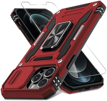 iPhone 12 Pro Max z okładką kamery slajdów + ochroną ekranu ((1 opakowanie), obrotowy pierścień Kickstand Wojskowy stojak szokujący