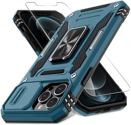 iPhone 12 Pro Max z okładką kamery slajdów + ochroną ekranu ((1 opakowanie), obrotowy pierścień Kickstand Wojskowy stojak szokujący