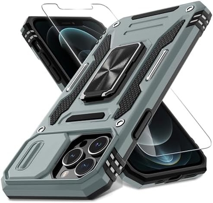 iPhone 12 Pro Max z okładką kamery slajdów + ochroną ekranu ((1 opakowanie), obrotowy pierścień Kickstand Wojskowy stojak szokujący